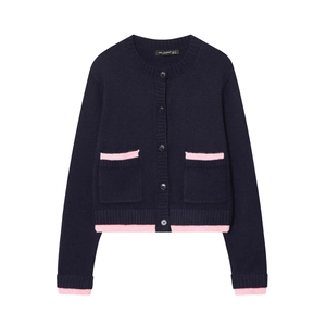 Women Contrast Color Patchwork Knit Cardigan Long Sleeve Button Up Round Neck Casual Sweater With Pockets