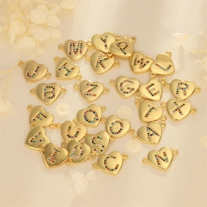18K gold plated heart pendants with colorful zircon letters for DIY jewelry making