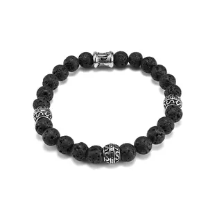 Lava stone bead bracelet with six-character mantra metal beads in Chinese vintage style