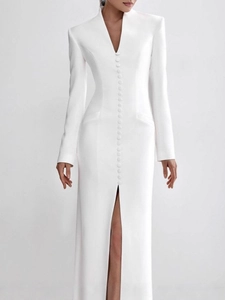 Elegant V Neck Long Sleeve Maxi Dress Cotton Polyester Blend Button Front High Slit Slim Fit Formal Evening Gown