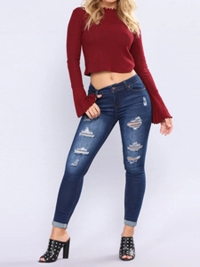 Jean Skinny Déchiré Pour Femme Pantalon En Denim De Coton Extensible Délavé Taille Mi-Haute Coupe Crayon Bleu Foncé