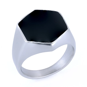 Men's silver stainless steel signet ring with black hexagonal face at a 45-degree angle