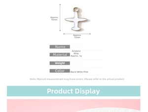 Detail showing cartoon airplane charms dimensions and specifications on a pink background