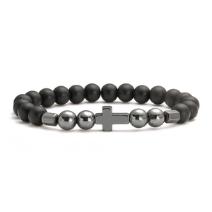 Natural lava stone beaded bracelet with polished silver cross charm for men and women