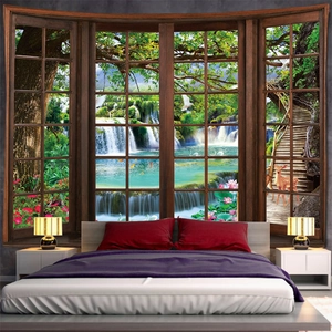 Detail view of large wall tapestry featuring a nature waterfall landscape forest scene