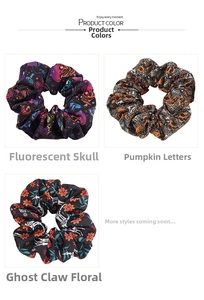 Detail of Halloween hair scrunchies featuring neon skeletons and pumpkin patterns