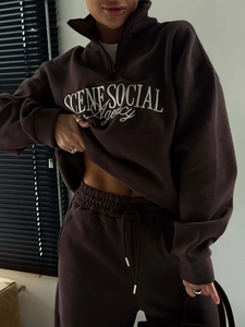 Women Half Zip Sweatshirt And Joggers Tracksuit Cotton Blend Letter Embroidery Casual Streetwear Autumn Winter Oversized