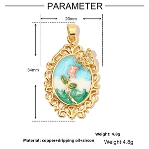 Detail view of Monet garden pendant with dimensions 34mm by 20mm and copper enamel materials