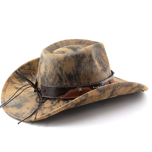 Detailed view of western cowboy hat with studded leather band and marbled texture