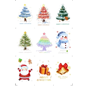 Christmas window stickers set featuring Santa, snowman, and colorful decorated trees