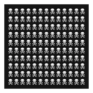 Classic black cotton bandana with white skull pattern and 100% cotton print text