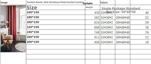 Detail showing red Christmas plaid curtain specifications and product size chart table