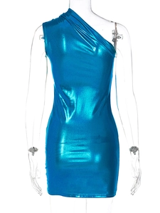 Close-up of bright blue metallic fabric texture on a slim fit one-shoulder mini dress