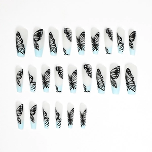 French blue and white long ballet press-on nails with elegant black butterfly wing patterns