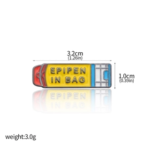 Detailed view of yellow enamel Epipen in Bag lapel pin with size and weight specs