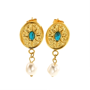 Bohemian gold-plated earrings with turquoise stone and white baroque pearl pendants