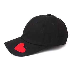Classic black cotton baseball cap with red heart embroidery and long curved brim