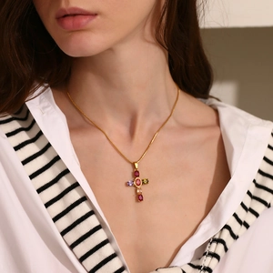 Bohemian 18K gold plated stainless steel cross necklace with colorful zircon stones