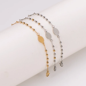 Retro stainless steel beaded bracelets with religious oval pendants in gold and silver