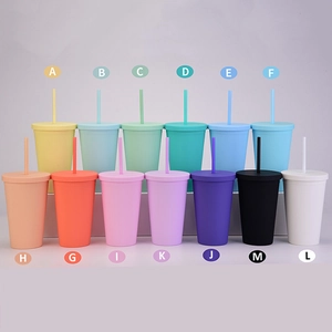 Minimalist double-walled 16oz plastic tumblers with straws in 13 assorted matte candy colors