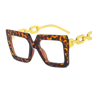 Chic oversized square tortoise shell glasses with gold chain design metal temples