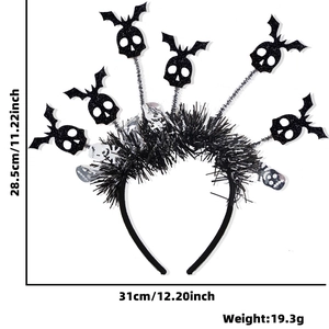 Detail view of Halloween headband with black bats, skeletons and size measurements