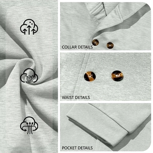 Detailed close-up of light grey waffle fabric texture with collar and pocket features