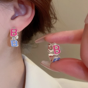 Chic silver B-shaped hoop earrings with pink blue enamel and zircon for women