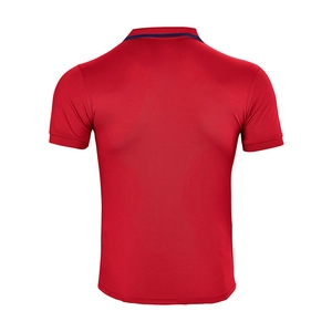 Rear view of red quick-dry polo shirt featuring navy contrast collar detail