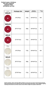 Detailed size chart for knitted Christmas tree skirts in red and white colors