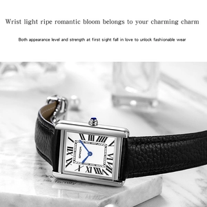 Detail of rectangular silver steel watch case with blue sapphire crown and roman numerals