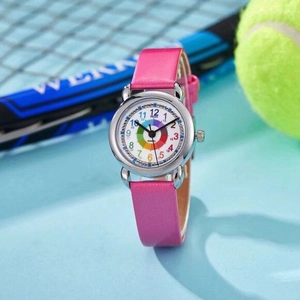 Close-up of pink leather watch band and white dial with colorful minute markers