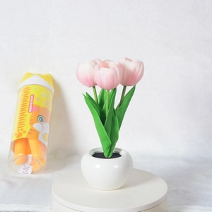 Pink LED tulip night light in white pot, realistic artificial flower lamp for bedroom decor
