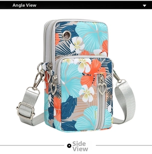 Detailed side view of tropical floral crossbody bag with three zipper compartments and headphone port