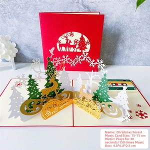 3D pop-up Christmas card with golden reindeer, paper-cut tree and built-in music module