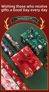 Detailed view of assorted Christmas wrapping paper rolls and decorated gift boxes with bows