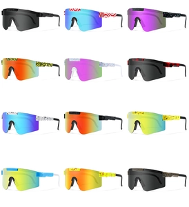 Grid view of various athletic sunglasses with colorful lenses and patterned temples
