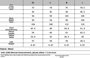 Detailed sizing chart for women's herringbone wool blazer including measurements and weight