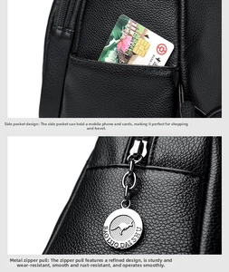 Close-up of litchi texture leather backpack with side pocket and kangaroo logo zipper