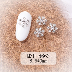 Macro view of silver snowflake nail art charm with rhinestones measuring 8.5x9mm