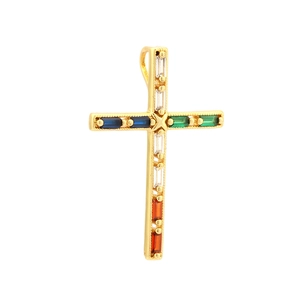Detailed view of 18K gold cross pendant inlaid with colorful rectangular gemstones