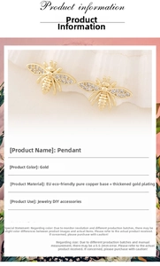 Detailed view of a gold-plated copper bee pendant with sparkling zircon for DIY jewelry