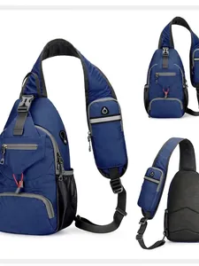 Navy blue nylon outdoor waist bag with multiple compartments and grid texture finish