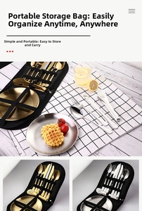 Detail of portable stainless steel camping cutlery set in a black storage bag with elastic bands