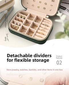 Detailed internal view of portable velvet jewelry box with slots for rings and earrings