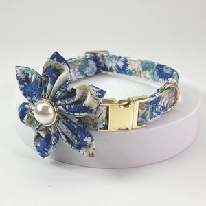 Floral pet collar with gold metal buckle, teal flower and white pearl accessory