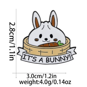 Detail view of a bunny in a steamer enamel pin showing exact dimensions and weight