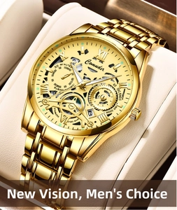 Close-up of golden hollowed-out dial and internal gears on a men's waterproof watch