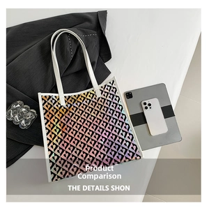 Close-up of laser heart pattern tote bag with large capacity for tablets and daily use