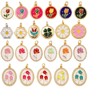 Floral Pendants Enamel Copper Charms For DIY Jewelry Making Zircon Inlaid Tulip Daisy Rose Handcrafted Accessories